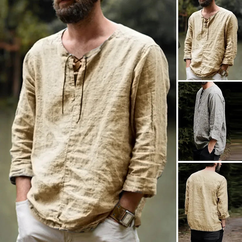 Gros plan sur les détails du laçage du col et la texture du tissu en lin naturel beige