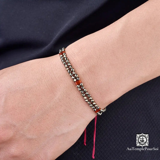 Bracelet Double Rang En Pyrite Et Cornaline | Protection Vitalité Élégance Tressée Bracelet