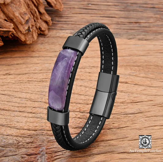 Bracelet En Cuir Et Améthyste | Sérénité Élégance Énergie Positive Noir / 19Cm Bracelet