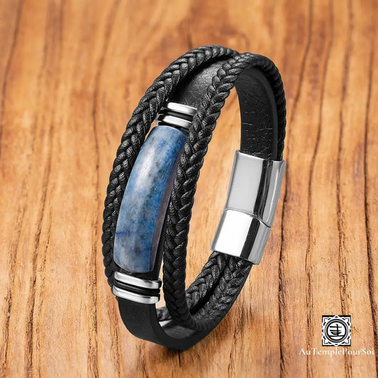 Bracelet En Cuir Et Lapis-Lazuli Pour Homme | Élégance Énergie Confiance Blanc Leger / 19Cm