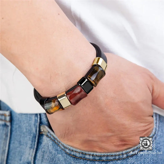 Bracelet En Cuir Et Œil De Tigre Multicolore | Protection Énergie Élégance Masculine Bracelet-Cuir