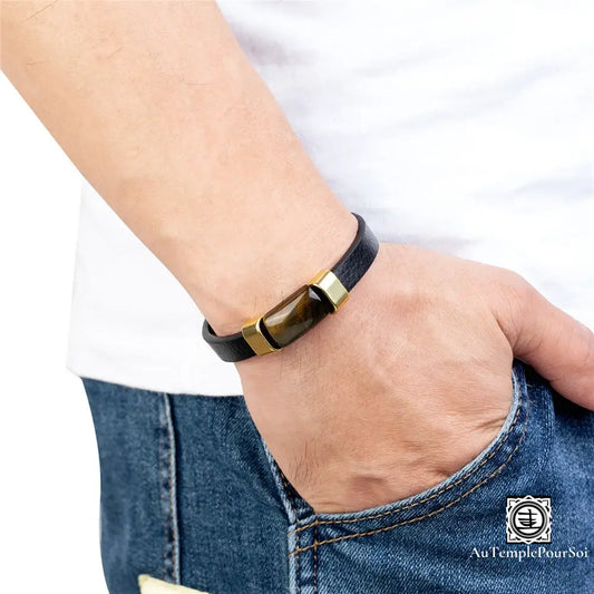 Bracelet En Cuir Et Œil De Tigre Rectangulaire | Élégance Moderne Énergie Protectrice Bracelet-Cuir