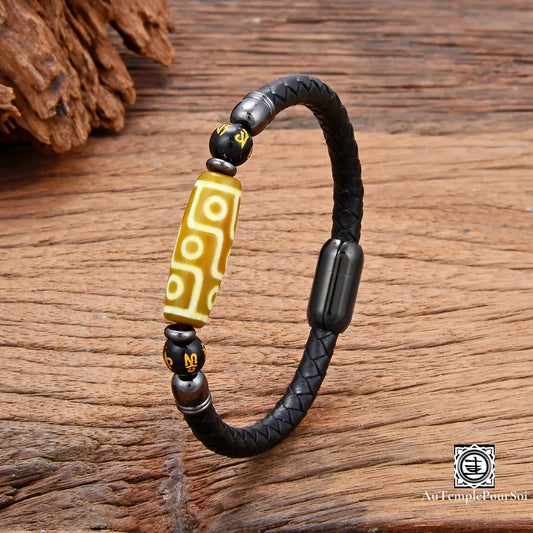 Bracelet En Cuir Et Perle Tibétaine Dzi | Protection Énergie Style Authentique Jaune / 19Cm