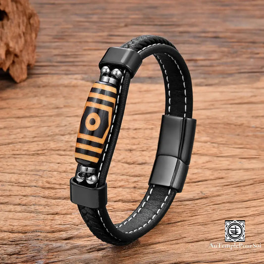 Bracelet En Cuir Et Perle Tibétaine Dzi | Protection Équilibre Artisanat Unique Gardien Sacré /