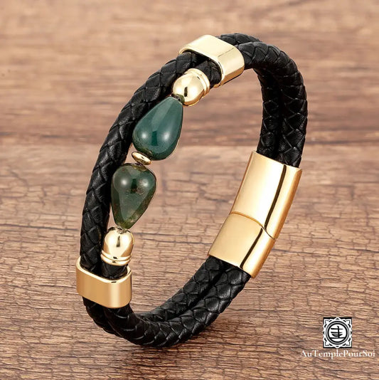 Bracelet En Cuir Et Pierre Naturelle | Élégance Énergie Positive Au Quotidien Jaspe Vert / 21Cm