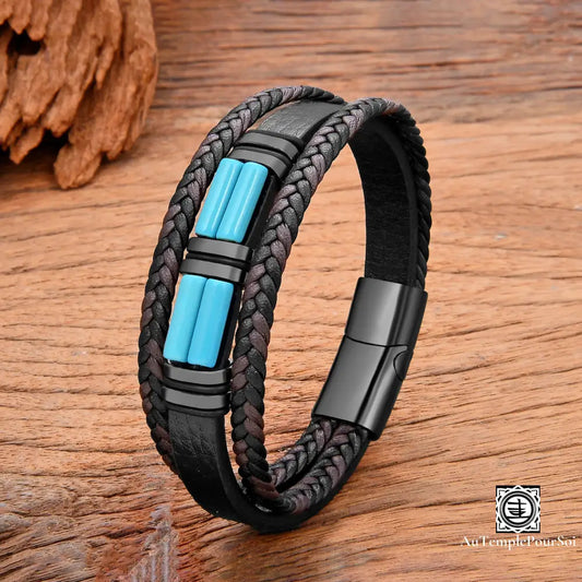 Bracelet En Cuir Et Pierre Naturelle | Élégance Énergie Protectrice Turquoise / 19Cm