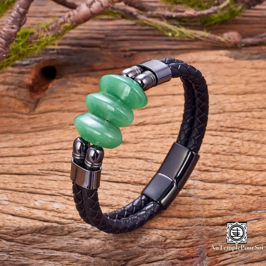 Bracelet En Cuir Et Pierre Naturelle | Élégance Masculine Énergie Positive Noir - Aventurine /