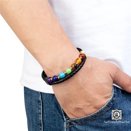 Bracelet En Cuir Et Pierres 7 Chakras | Équilibre Énergétique Style Intemporel Bracelet
