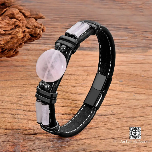 Bracelet En Cuir Et Pierres Naturelles | Style Énergie Intemporelle Quartz Rose / 19Cm Bracelet-Cuir