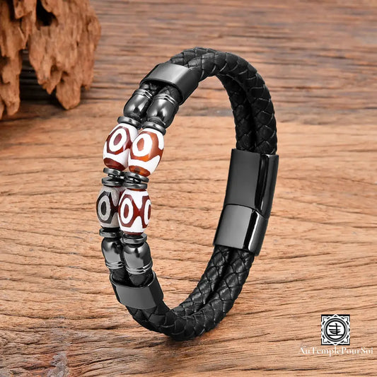 Bracelet En Cuir Tressé Avec Perles Tibétaines Dzi | Énergie Et Protection Bouclier