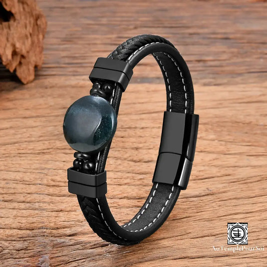 Bracelet En Cuir Tressé Et Pierre Naturelle | Élégance Artisanale Énergie Positive Jaspe / 19Cm