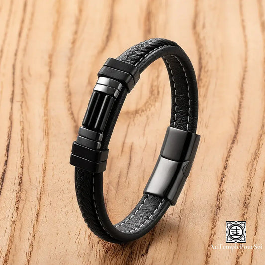 Bracelet En Cuir Tressé Et Pierre Naturelle | Élégance Énergie Protectrice Agate Noire / 19Cm