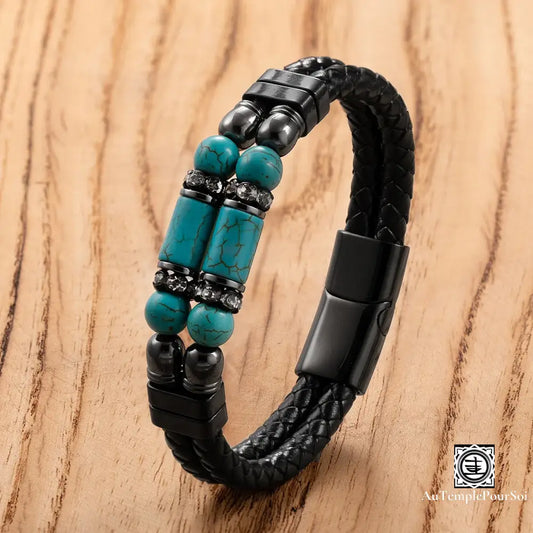 Bracelet Homme En Cuir Et Pierre Naturelle | Bijou Élégant Énergétique Turquoise / 19Cm Bracelet
