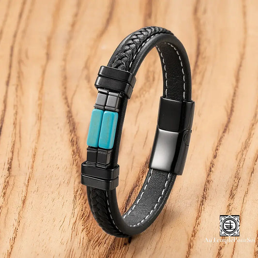 Bracelet Homme En Cuir Et Pierre Naturelle | Élégance Vintage Énergie Bienfaisante Turquoise /
