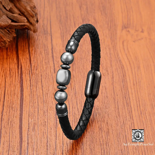 Bracelet Homme En Cuir Et Pierres Naturelles | Énergie Élégance Protection Hematite / 19Cm Bracelet