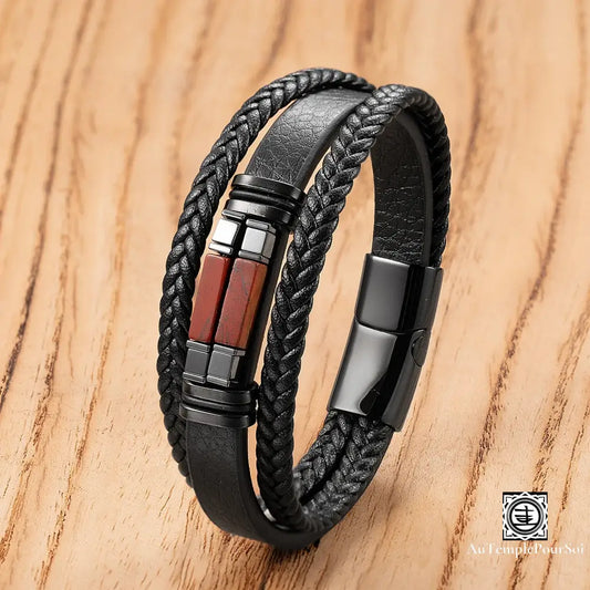Bracelet Homme En Cuir Tressé Et Pierre Naturelle | Élégance Énergie Au Poignet Jaspe Rouge /