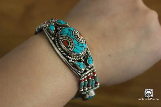 Bracelet ’Mosaïque De Tsaparang’ En Cuivre Turquoise Lapis Et Corail Bracelet - Tibetain - Premium