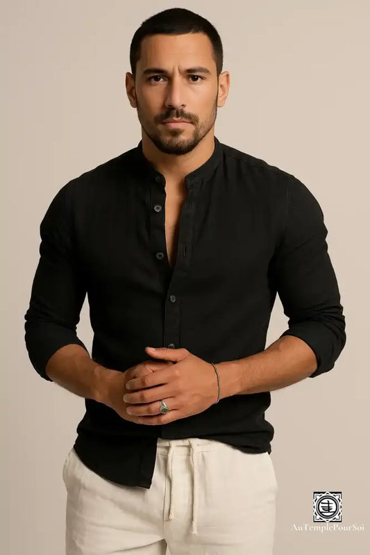 Chemise en Lin Col Mao pour Homme - Disponible en Plusieurs Couleurs Noir / S 50-60 KG chemise-lin