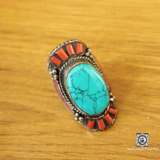 ’Diadème Des Cimes’ - Anneau Tibétain De Turquoise Et Corail Bague - Tibet