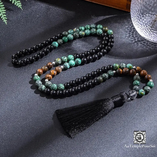 Mala ’Clarté Mentale’ 108 Perles En Turquoise Africaine Oeil De Tigre Agate Noire