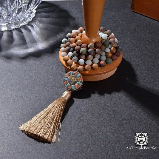 Mala ’Harmonie Des Éléments’ En Perle De Jaspe Jaune Turquoise Rouge Et Amazonite