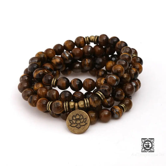 Mala ’Paix Intérieure’ 108 Perles En Pierres D’oeil De Tigre Et Charme