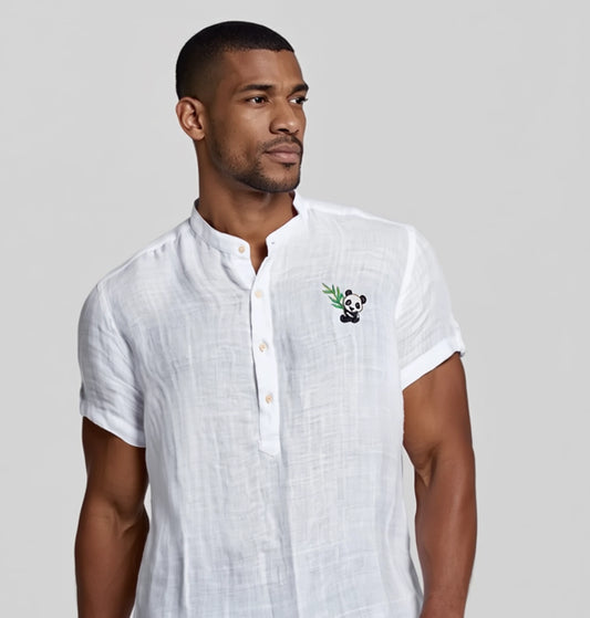 "Panda" et "Papillon" Chemise en lin à manches courtes avec col rond