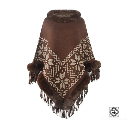 Poncho D’hiver Éthique - Motifs Nordiques Et Fausse Fourrure Marron Poncho