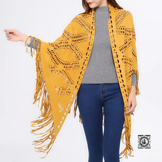 Poncho Frangé En Simili Velours Avec Découpes Géométriques Poncho