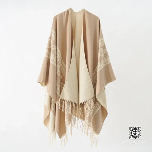 Poncho Réversible Style Bohème - Motifs Géométriques Ethniques Beige Poncho