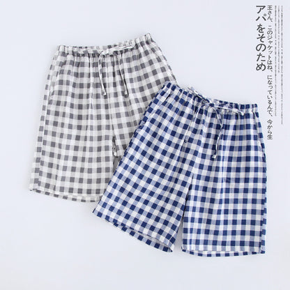 Paire de shorts légers en coton gaufré vichy, coupe droite et décontractée pour le sommeil.
