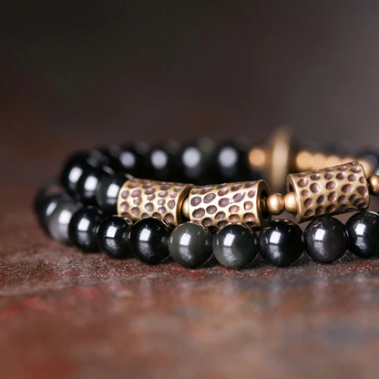 Bracelet Double Rang Obsidienne et Laiton Martelé – Unisexe, du 15 au 22 cm
