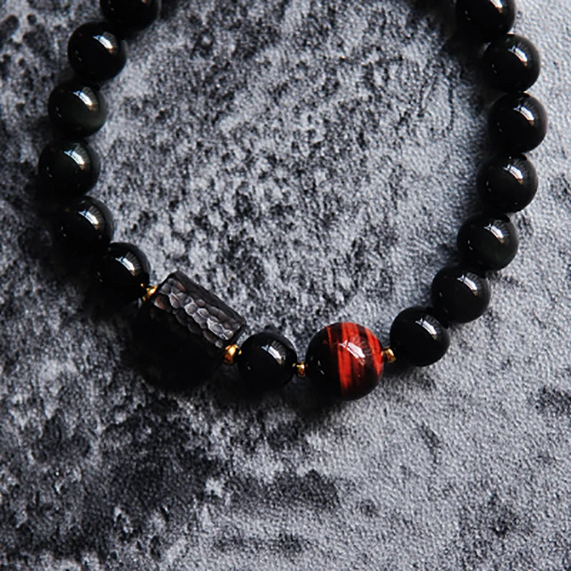 Bracelet Oeil de Tigre et Obsidienne Arc-en-Ciel avec Perle d'Ébène Sculptée – Couple