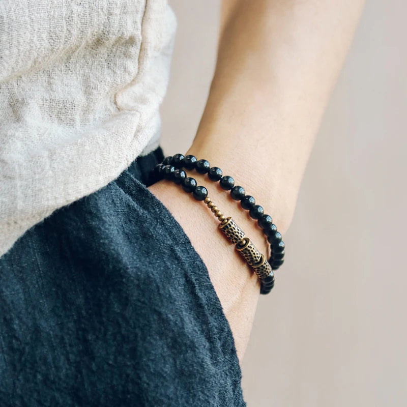Bracelet Double Rang Obsidienne et Laiton Martelé – Unisexe, du 15 au 22 cm