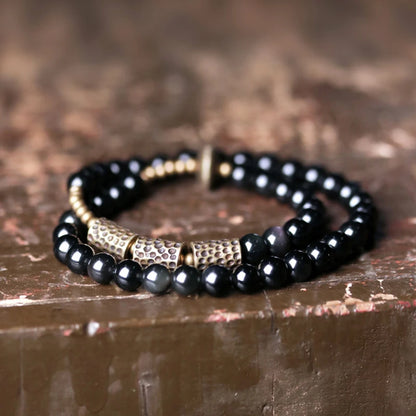 Bracelet Double Rang Obsidienne et Laiton Martelé – Unisexe, du 15 au 22 cm