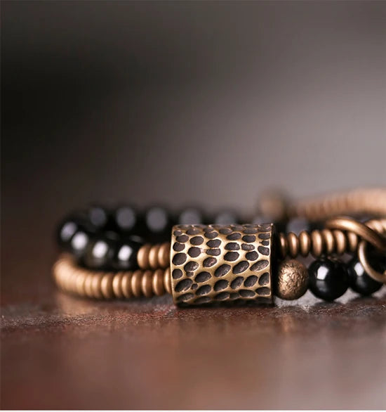 Bracelet Double Rang Obsidienne Noire et Laiton Martelé – Fait Main, du 15 au 22 cm