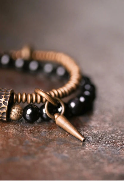 Bracelet Double Rang Obsidienne Noire et Laiton Martelé – Fait Main, du 15 au 22 cm