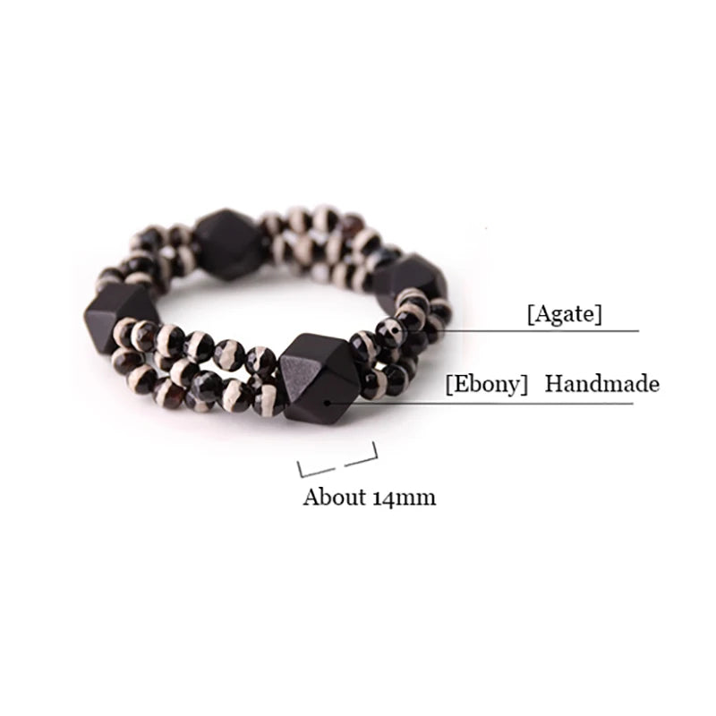 Bracelet Multirang Onyx Noir et Bois d'Ébène – Style Géométrique, Homme et Femme