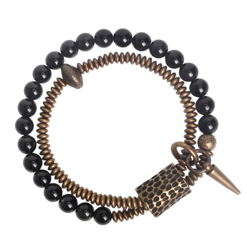 Bracelet Double Rang Obsidienne Noire et Laiton Martelé – Fait Main, du 15 au 22 cm