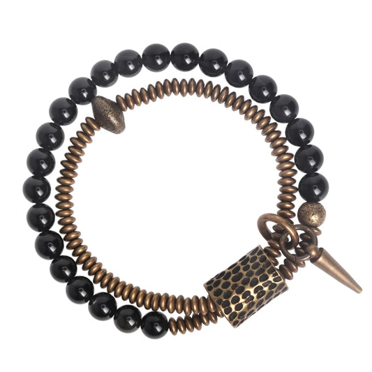 Bracelet Double Rang Obsidienne Noire et Laiton Martelé – Fait Main, du 15 au 22 cm