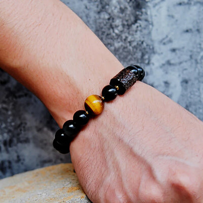 Bracelet Oeil de Tigre et Obsidienne Arc-en-Ciel avec Perle d'Ébène Sculptée – Couple
