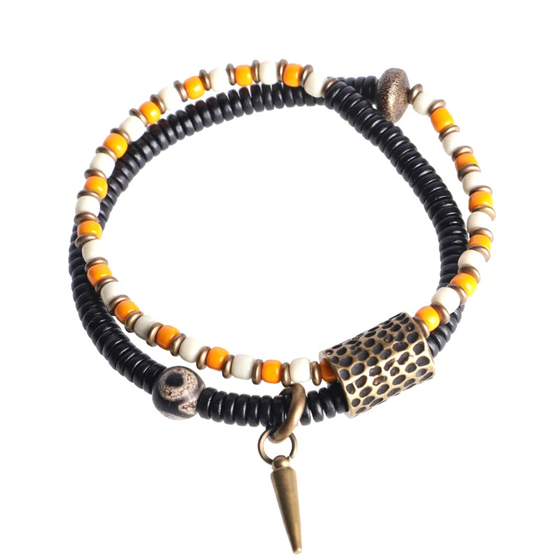 Bracelet Zen Double Rang Ébène et Pierres Colorées – Vajra en Laiton Martelé