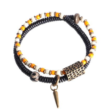 Bracelet Zen Double Rang Ébène et Pierres Colorées – Vajra en Laiton Martelé