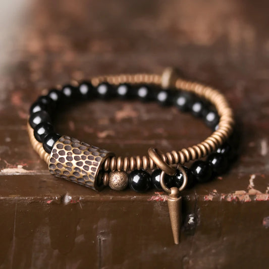 Bracelet Double Rang Obsidienne Noire et Laiton Martelé – Fait Main, du 15 au 22 cm