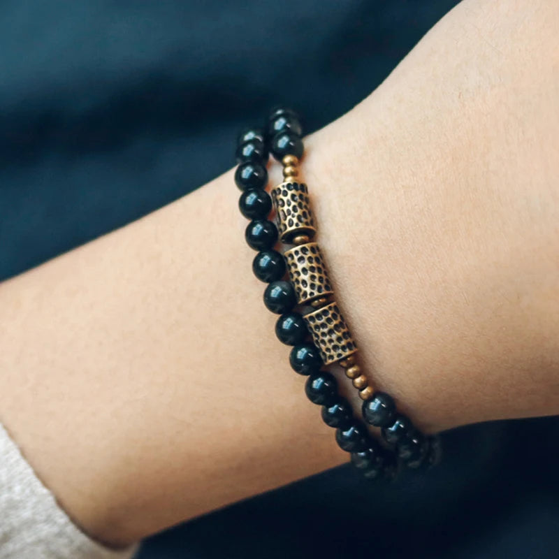 Bracelet Double Rang Obsidienne et Laiton Martelé – Unisexe, du 15 au 22 cm