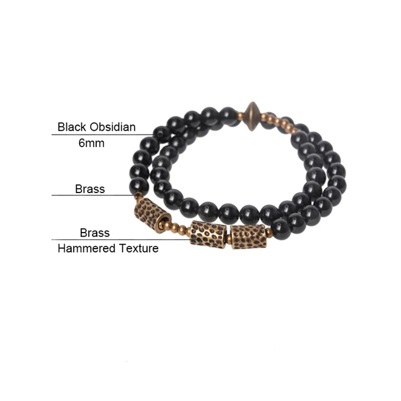 Bracelet Double Rang Obsidienne et Laiton Martelé – Unisexe, du 15 au 22 cm