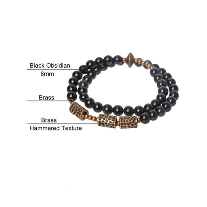 Bracelet Double Rang Obsidienne et Laiton Martelé – Unisexe, du 15 au 22 cm