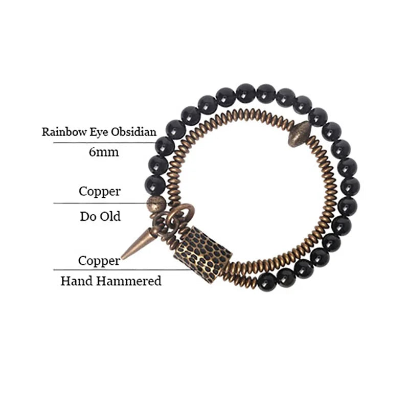 Bracelet Double Rang Obsidienne Noire et Laiton Martelé – Fait Main, du 15 au 22 cm