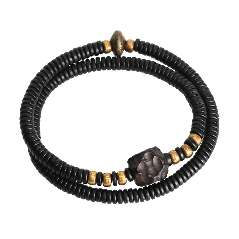 Bracelet Double Rang Ébène Sculptée et Cuivre Vieilli – Style Rock Unisexe