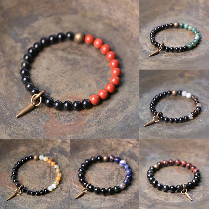 Bracelet Agate et Obsidienne Noire avec Vajra en Cuivre – 4 Pierres au Choix